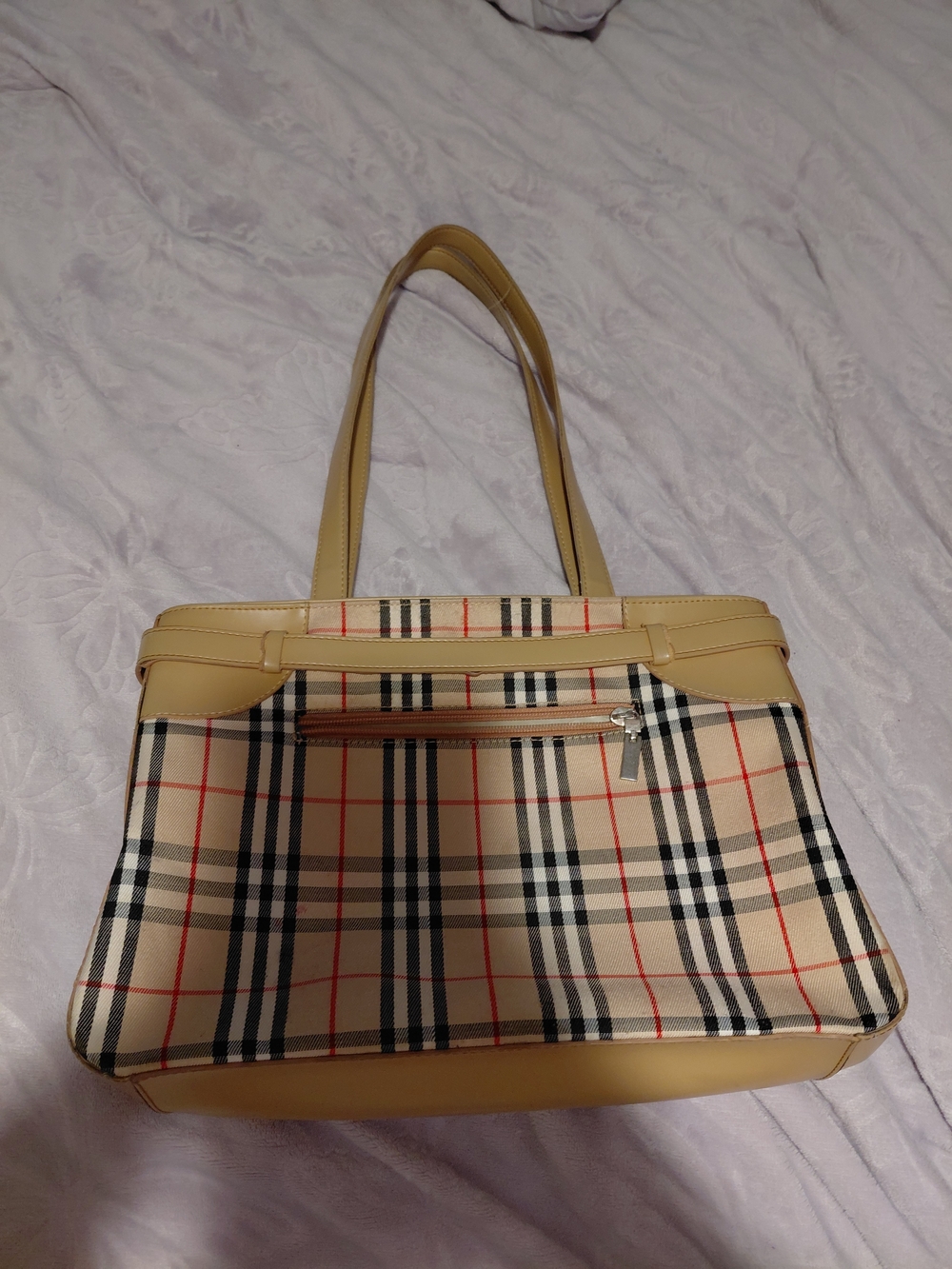 Burberry Tan and Beige Check Canvas Tote with Leather Trim